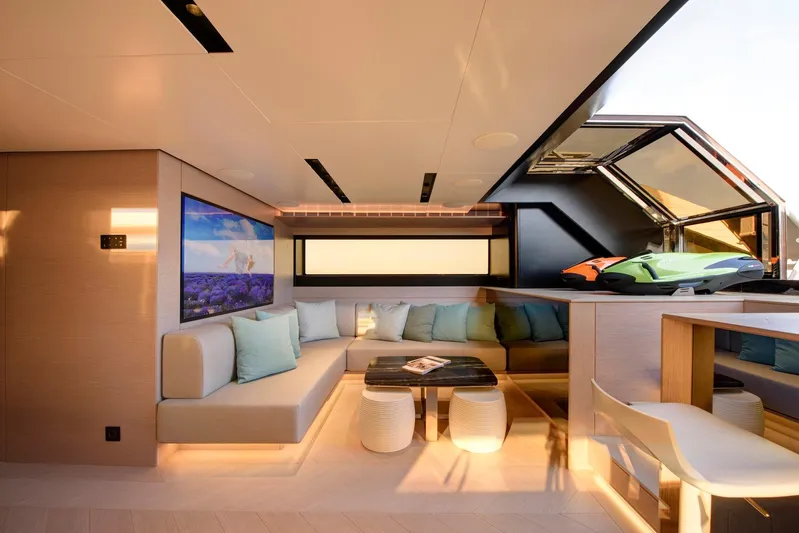  Yacht Photos Pics Luxurious interior of 2025 Mazu Yachts 92 DS with modern seating and large windows.