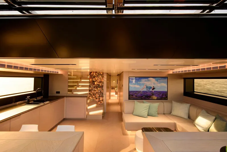  Yacht Photos Pics Luxurious interior of 2025 Mazu Yachts 92 DS with modern design and elegant furnishings.