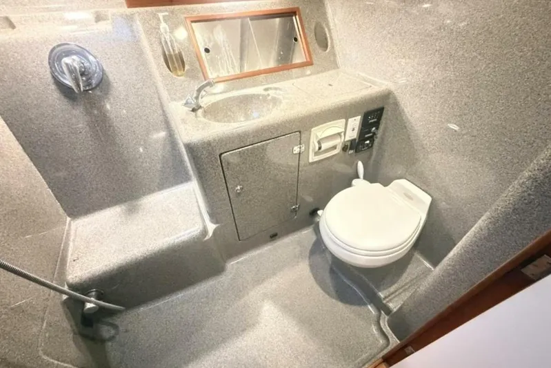 Miracle 2 Yacht Photos Pics Compact bathroom in 2006 True North 38 boat, featuring toilet, sink, and shower.