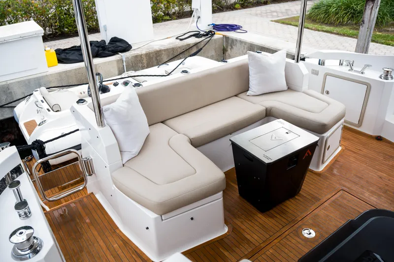 La Paloma Yacht Photos Pics Luxurious seating area on 2019 Azimut Fly 50 yacht with teak flooring.