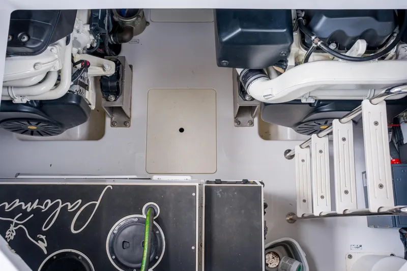 La Paloma Yacht Photos Pics Engine room of 2019 Azimut Fly 50 yacht, showcasing mechanical components and equipment.