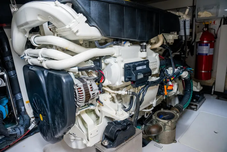 La Paloma Yacht Photos Pics Engine room of 2019 Azimut Fly 50 yacht, featuring a powerful marine engine.