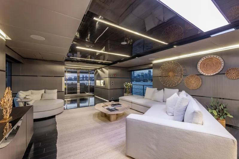 Maverick Yacht Photos Pics Luxurious interior of 2013 Admiral Impero 40 yacht with modern decor and waterfront view.