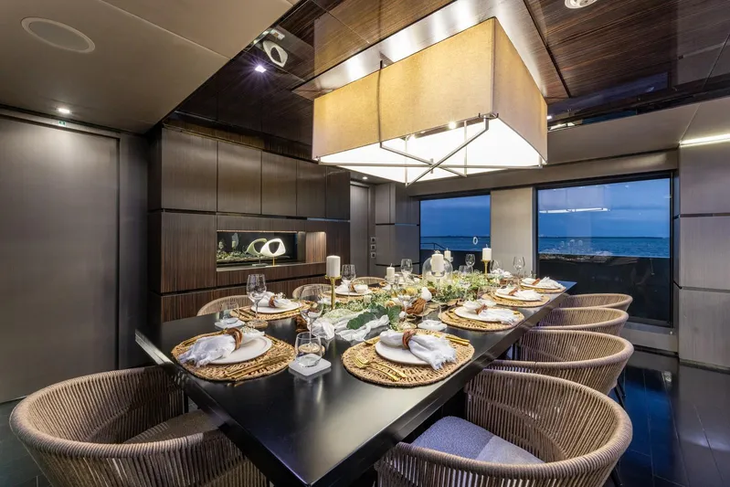 Maverick Yacht Photos Pics Luxurious dining area on 2013 Admiral Impero 40 yacht with ocean view.