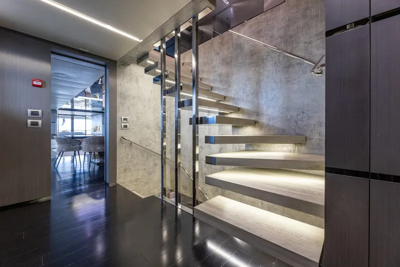 Maverick Yacht Photos Pics Modern interior of Admiral Impero 40 yacht, featuring sleek staircase and contemporary design, 2013 model.