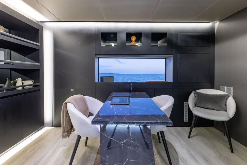 Maverick Yacht Photos Pics Luxurious Admiral Impero 40 yacht interior with modern decor and ocean view, 2013 model.