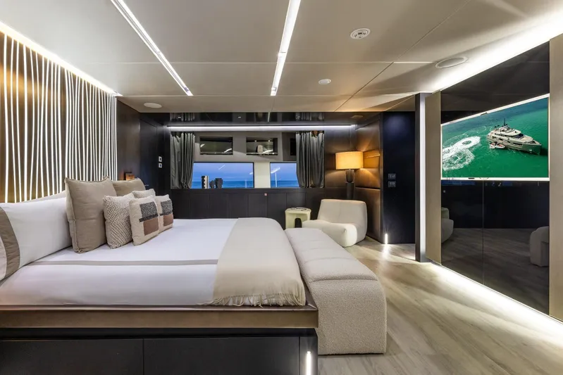 Maverick Yacht Photos Pics Luxurious bedroom interior on Admiral Impero 40 yacht, 2013 model, with modern decor and ocean view.
