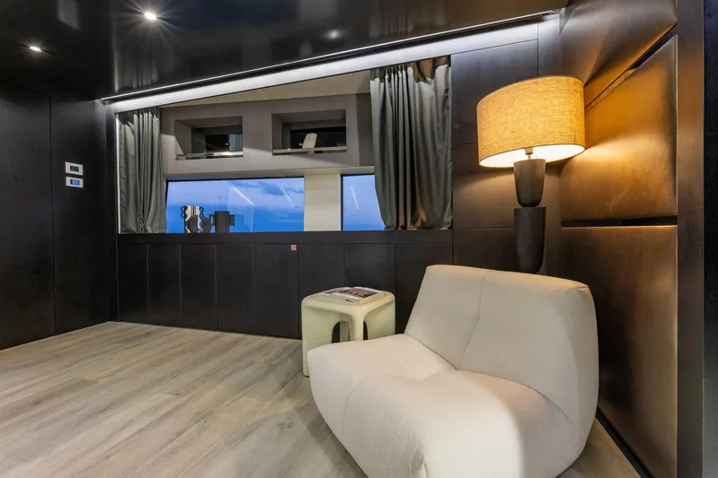 Maverick Yacht Photos Pics Luxurious Admiral Impero 40 yacht interior, 2013 model, featuring modern seating and elegant lighting.