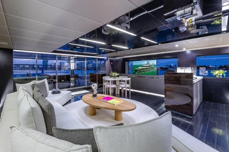 Maverick Yacht Photos Pics Luxurious interior of 2013 Admiral Impero 40 yacht with modern furnishings and panoramic views.