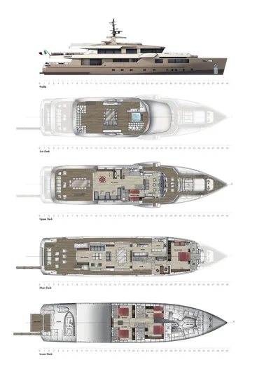Maverick Yacht Photos Pics Side view and deck plans of 2013 Admiral Impero 40 yacht.