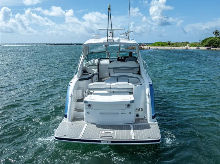  Yacht Photos Pics 2022 Formula 40 PC yacht on open water, rear view, clear sky, and distant shoreline.
