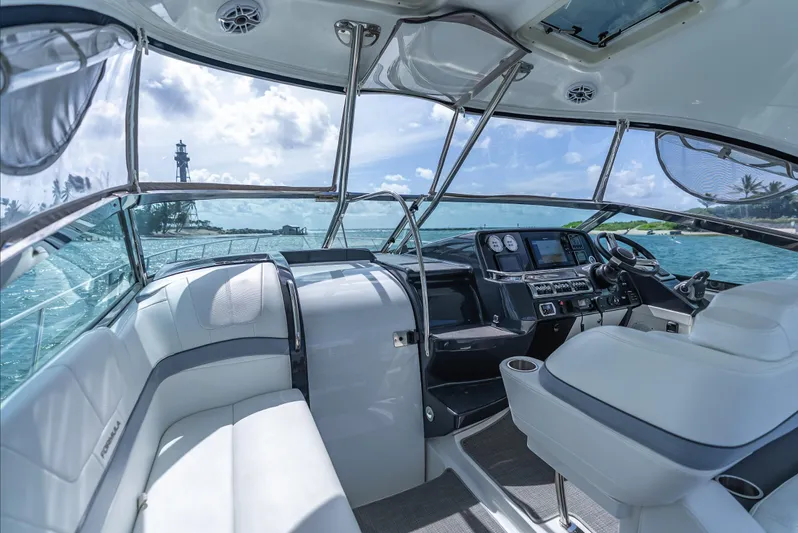 Yacht Photos Pics 2022 Formula 40 PC yacht interior with modern dashboard and ocean view.