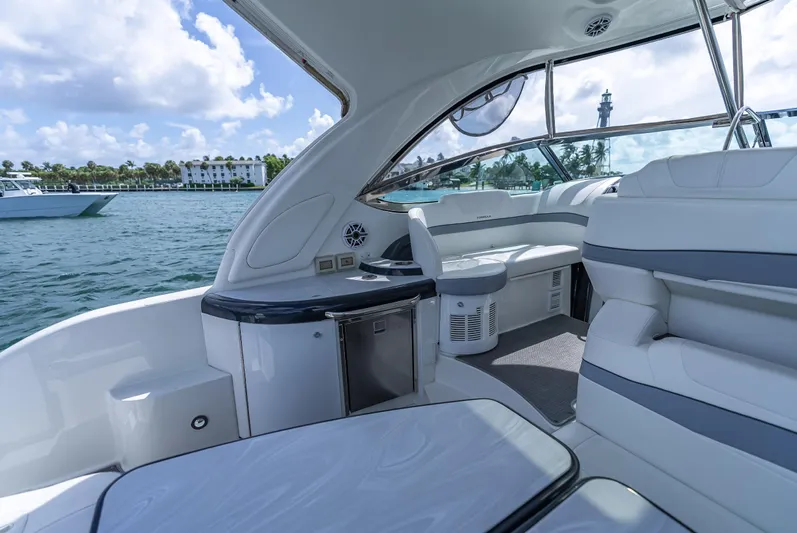  Yacht Photos Pics Luxurious 2022 Formula 40 PC yacht interior with sleek seating and ocean view.