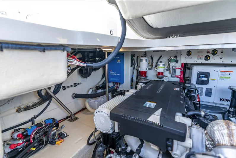  Yacht Photos Pics Engine compartment of 2022 Formula 40 PC boat, showcasing advanced machinery and wiring.