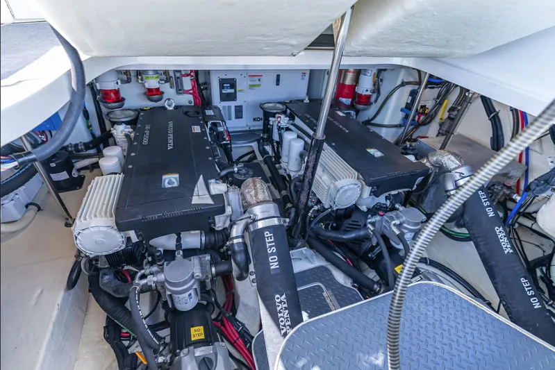 Yacht Photos Pics Engine room of 2022 Formula 40 PC boat with Volvo Penta engines and various mechanical components.