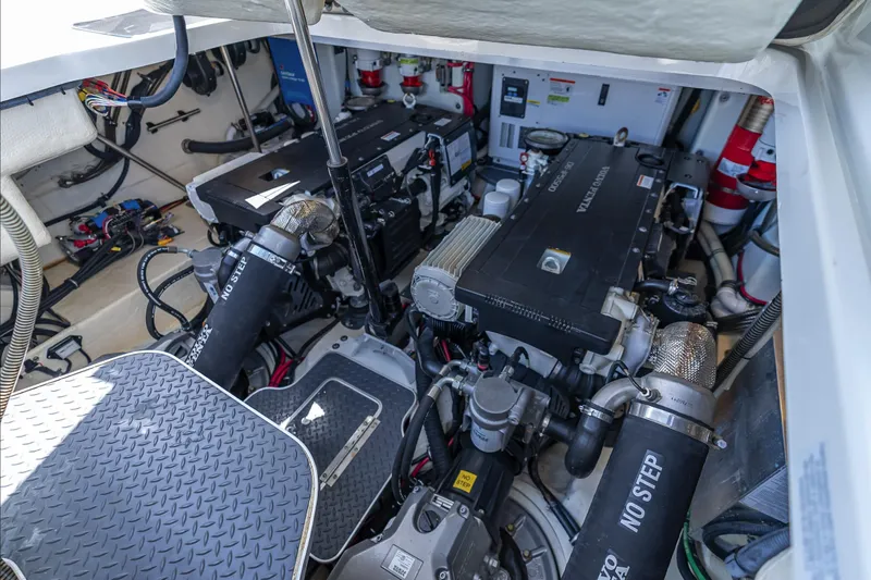  Yacht Photos Pics Engine room of 2022 Formula 40 PC boat, showcasing dual engines and mechanical components.