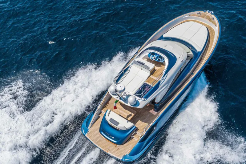  Yacht Photos Pics 2026 Solaris Power 48 Flybridge yacht cruising on open sea, aerial view.