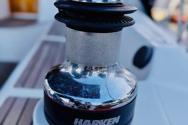  Yacht Photos Pics Close-up of a Harken winch on a 2001 Jeanneau Sun Odyssey 43 DS sailboat.