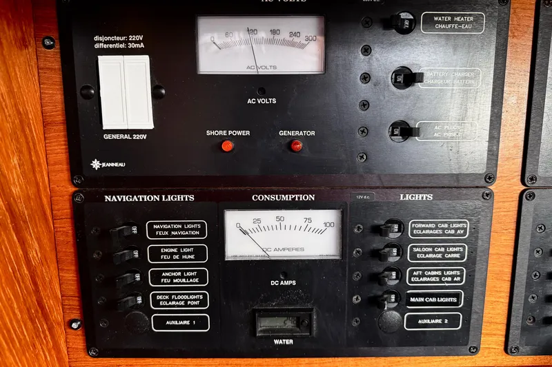  Yacht Photos Pics Electrical control panel of a 2001 Jeanneau Sun Odyssey 43 DS sailboat.