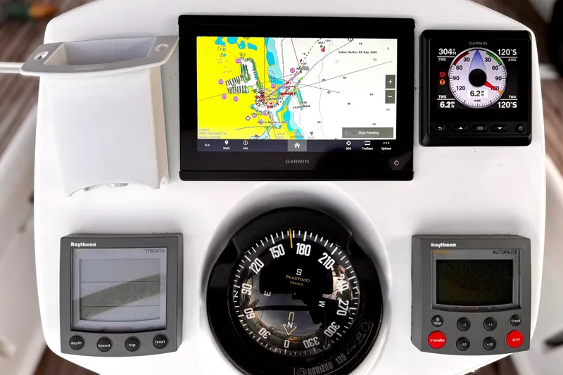  Yacht Photos Pics Navigation instruments on a 2001 Jeanneau Sun Odyssey 43 DS yacht dashboard.