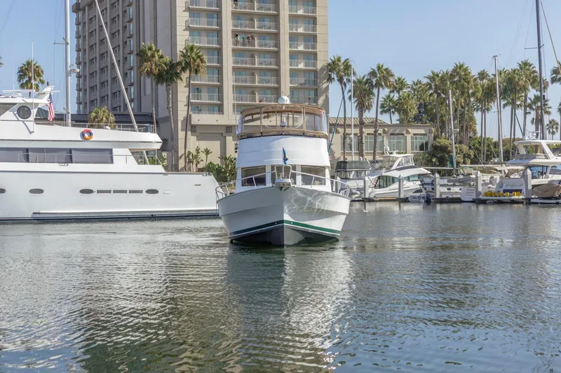 La Woman Yacht Photos Pics 2001 Mainship 390 Trawler docked in marina with palm trees and buildings.