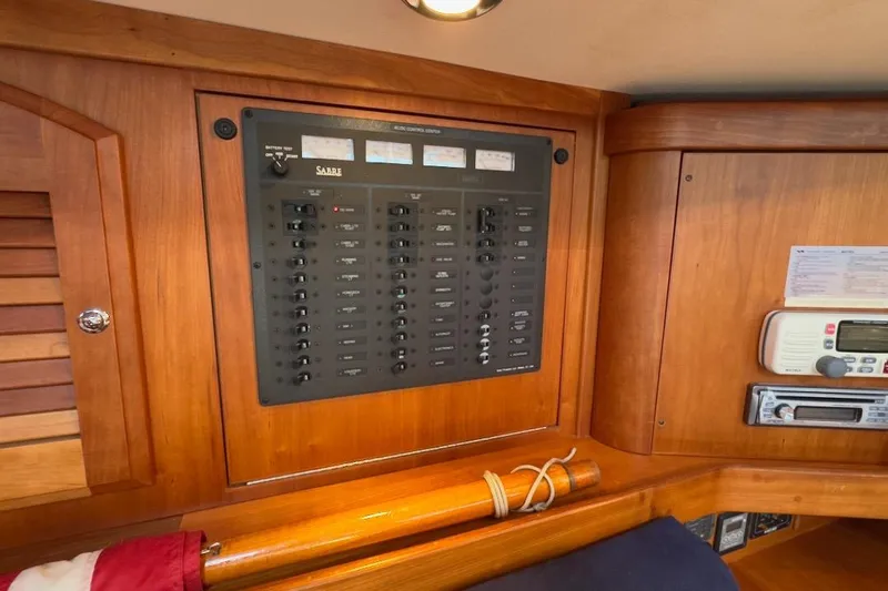 Finesse Yacht Photos Pics Electrical control panel on 2005 Sabre 386 yacht, featuring switches and meters.