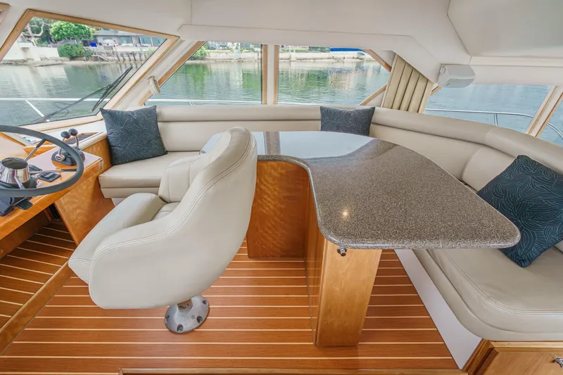 Carrin G Yacht Photos Pics Luxurious interior of 2008 Navigator 4600 Pilothouse with helm, seating, and table.