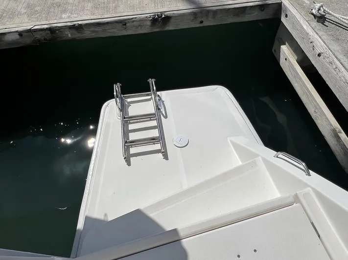 Jamsam Yacht Photos Pics 2017 Leopard 51 Powercat swim platform with ladder at dockside.