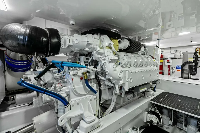 Olde Floridian Yacht Photos Pics Engine room of 2023 Vikiing convertible, showcasing advanced machinery and components.