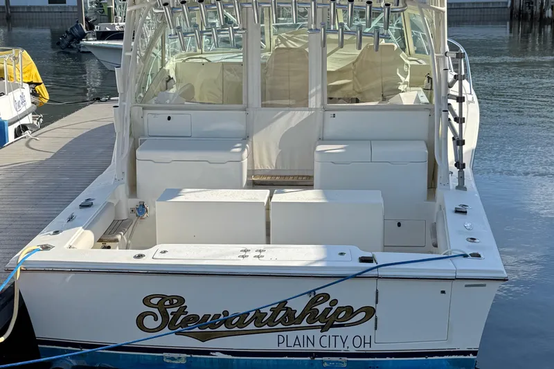 Stewartship Yacht Photos Pics 2007 Albemarle 410 Express Fisherman boat docked, named "Stewartship," Plain City, OH.