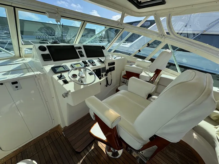 Stewartship Yacht Photos Pics 2007 Albemarle 410 Express Fisherman helm with modern controls and luxurious seating.