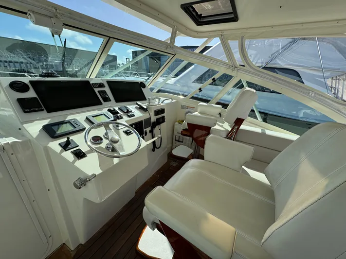 Stewartship Yacht Photos Pics 2007 Albemarle 410 Express Fisherman helm with modern controls and comfortable seating.