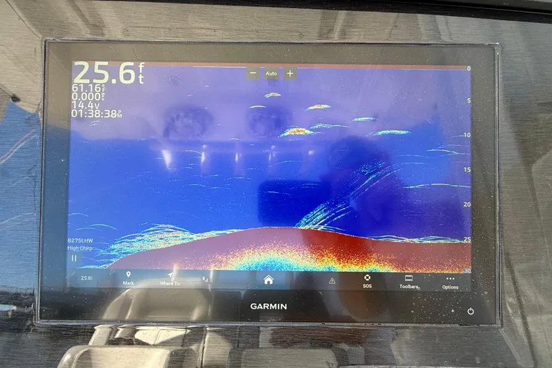  Yacht Photos Pics Garmin sonar display on 2022 Regulator 34 boat, showing depth and underwater details.