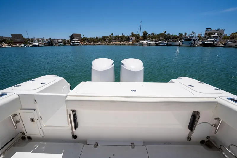 Carnal Yacht Photos Pics Edgewater 320CC 2020 boat stern view at marina with clear blue water.