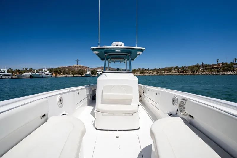 Carnal Yacht Photos Pics Edgewater 320CC 2020 boat on water, clear sky, spacious deck, coastal background.