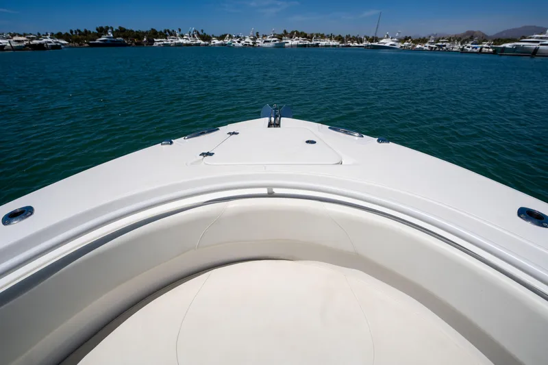 Carnal Yacht Photos Pics Bow view of 2020 Edgewater 320CC boat on calm water.