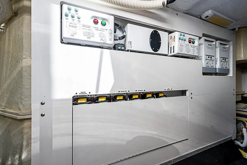  Yacht Photos Pics Electrical control panel in a 2017 Carver C52 Coupe yacht.