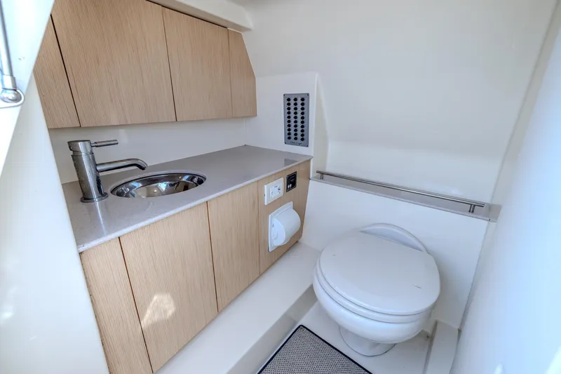 Ritz-sea Yacht Photos Pics 2019 Chris-Craft Calypso 30 boat bathroom with sink, toilet, and wooden cabinetry.
