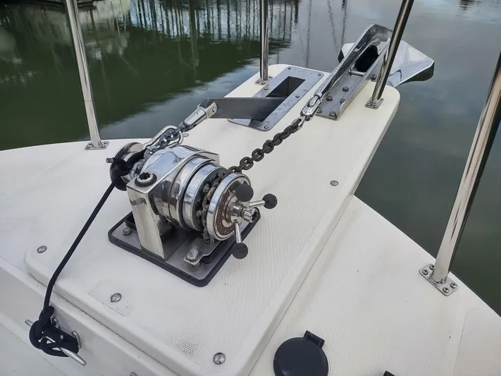 Snowy Owl Yacht Photos Pics Anchor winch on 2000 Nordic Tug 42 boat deck.