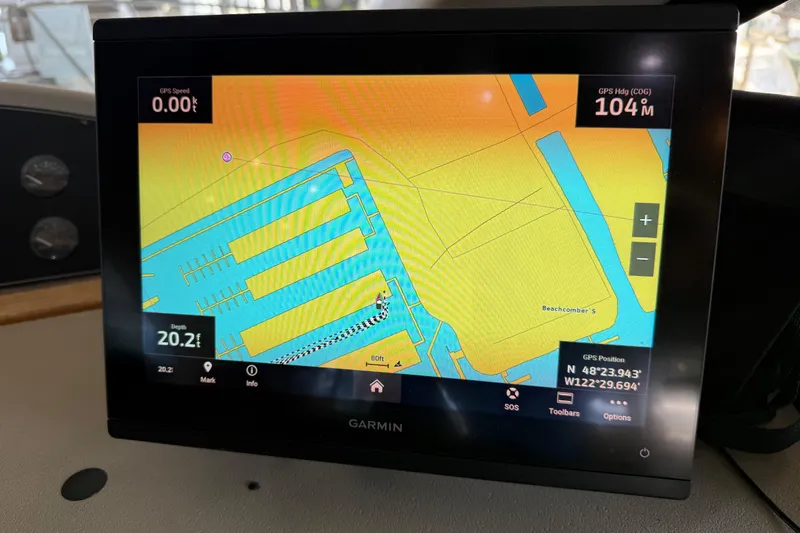  Yacht Photos Pics Garmin GPS display on 1999 Bayliner 3988 Command Bridge Motoryacht showing marina map.