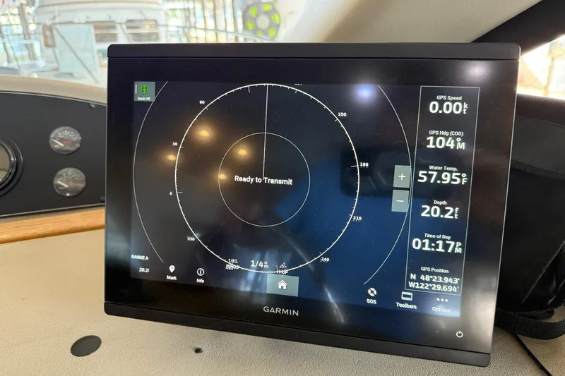  Yacht Photos Pics Garmin navigation display on 1999 Bayliner 3988 Command Bridge Motoryacht, showing GPS and water data.