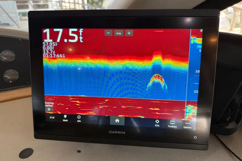  Yacht Photos Pics Garmin fishfinder display on 1999 Bayliner 3988 Command Bridge Motoryacht showing depth and sonar data.