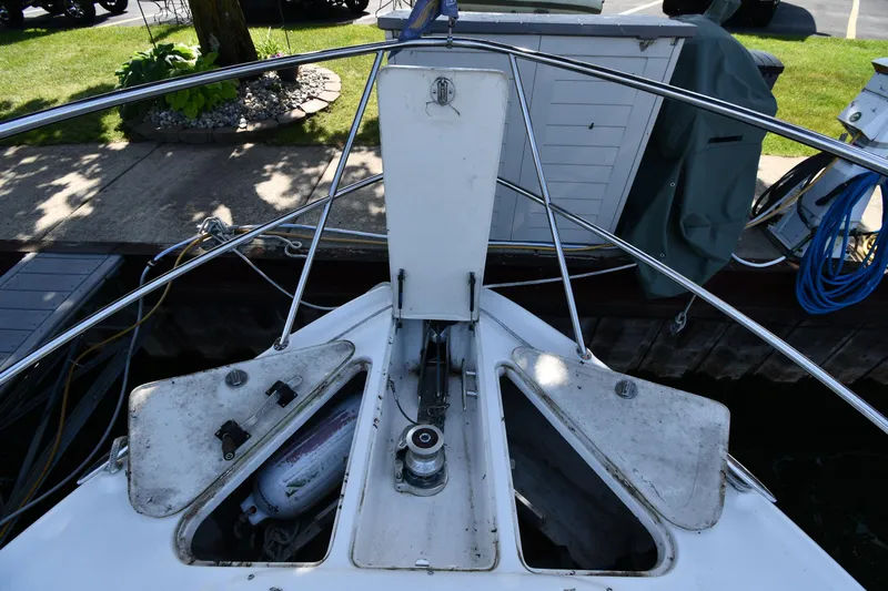  Yacht Photos Pics Bow of 2003 Regal Commodore 3880 yacht with open storage compartments.