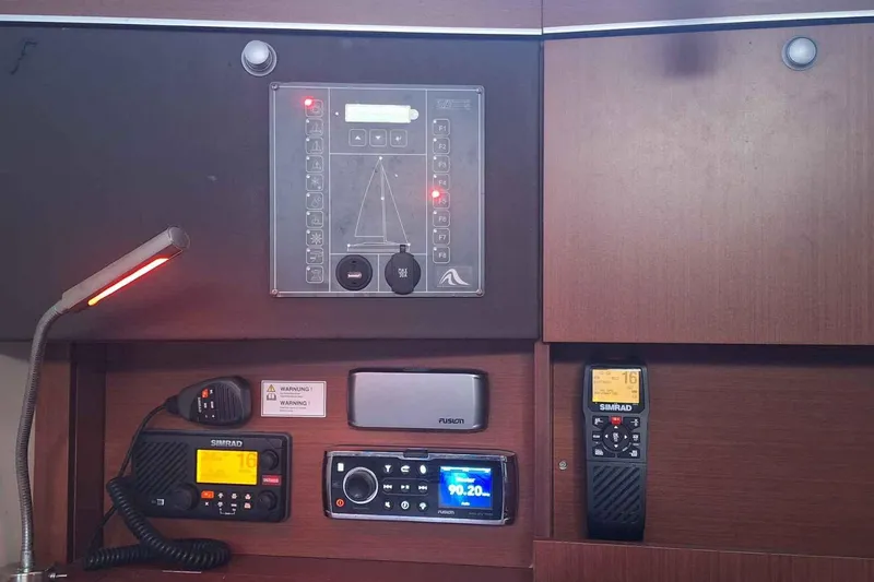  Yacht Photos Pics Control panel and communication devices on a 2014 Hanse 385 yacht interior.