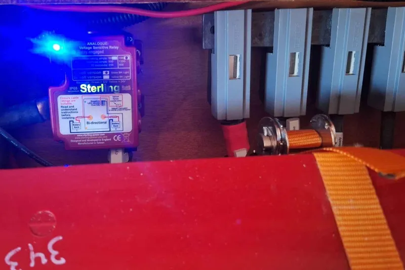  Yacht Photos Pics Electrical components inside a 2014 Hanse 385 yacht, featuring a Sterling voltage sensitive relay.