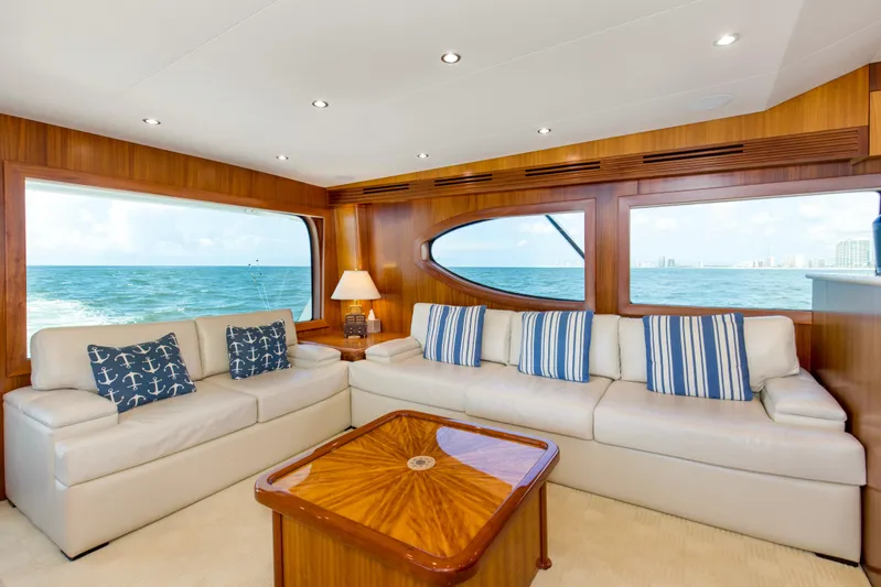 Refuge Yacht Photos Pics Luxurious interior of 2007 Hatteras 68 Enclosed Bridge yacht with ocean view.