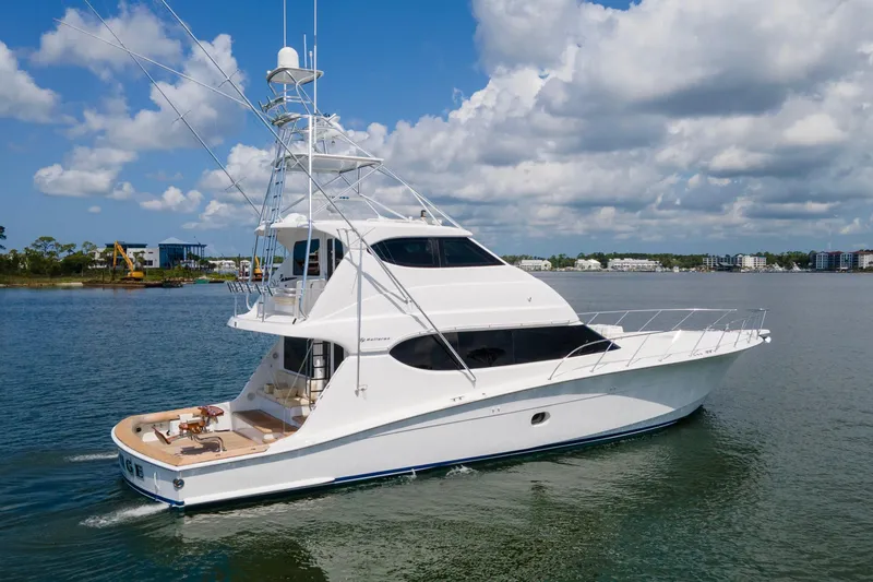Refuge Yacht Photos Pics 2007 Hatteras 68 Enclosed Bridge yacht cruising on a sunny day.