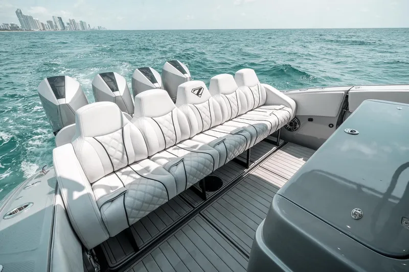  Yacht Photos Pics Luxury seating on 2022 Midnight Express 43 Open boat with ocean backdrop.