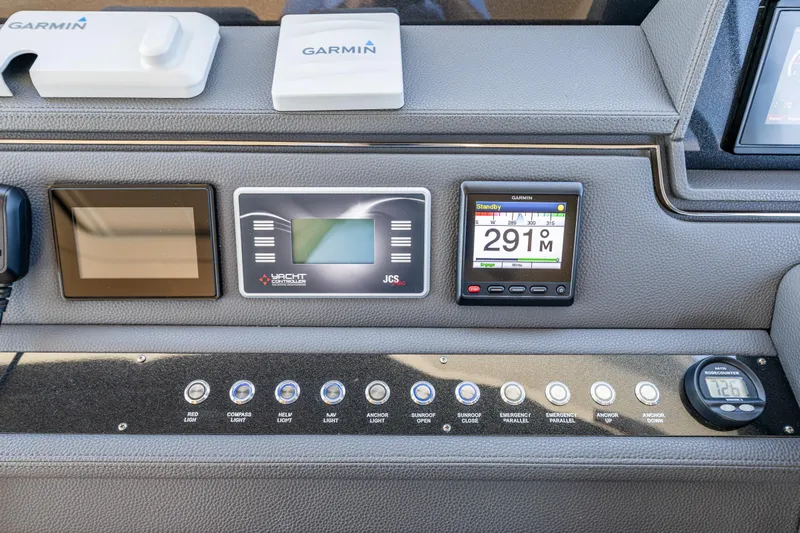 True North Yacht Photos Pics Control panel of 2020 Maritimo 59 Motoryacht with Garmin navigation displays.