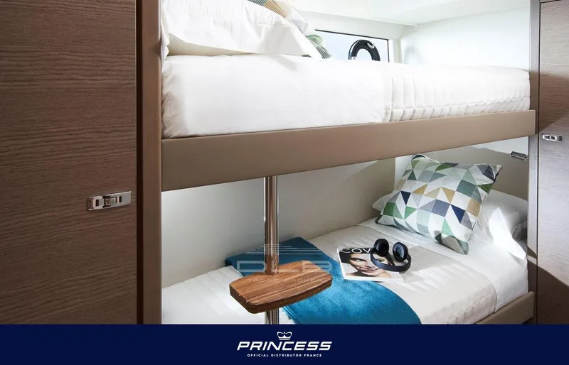  Yacht Photos Pics 2024 Princess V55 yacht interior with cozy bunk beds and modern decor.